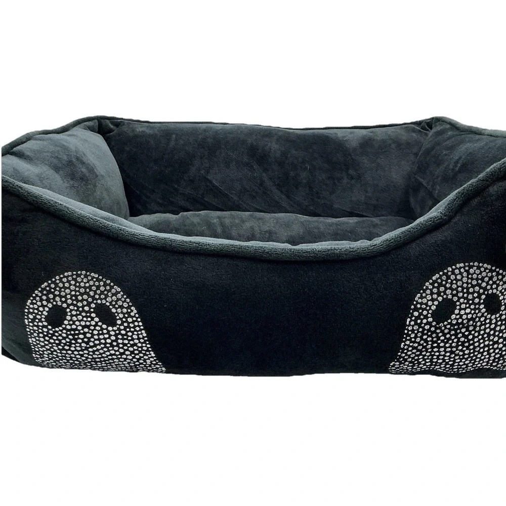Tricks For Treats Pet Bed Black Velour Silver Ghosts Halloween Gothic 20x16x7